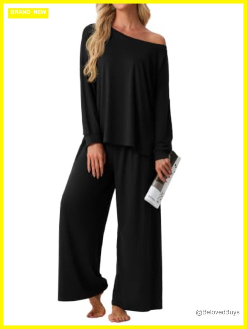 PrinStory Women's 2-Piece Pajama Set Off-Shoulder Long Sleeve Wide-Leg Pants